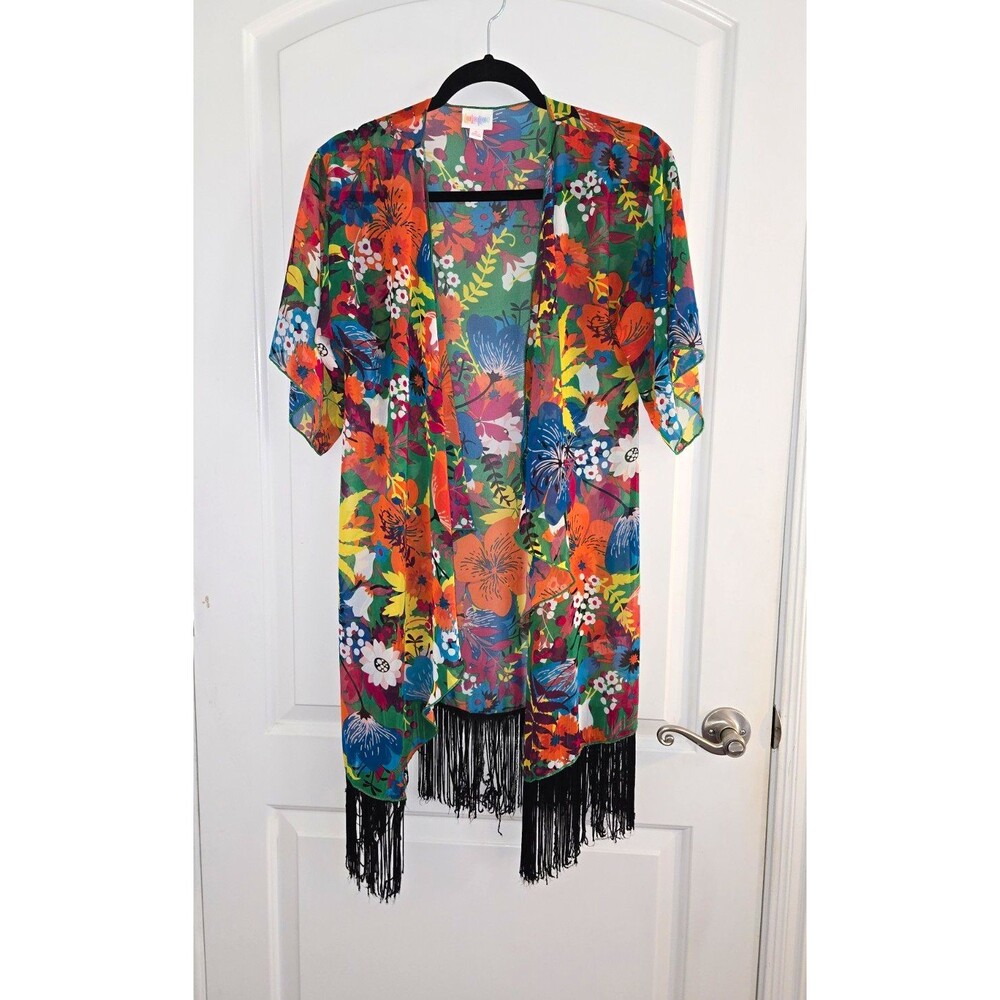 LuLaRoe Women’s Multicolor Floral Flower Theme Fringe Shawl/Wrap Swim Cover-up
